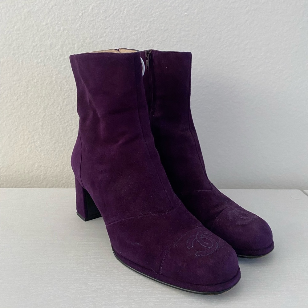 Royal purple suede cap toe ankle boots from Chanel in amazing condition!